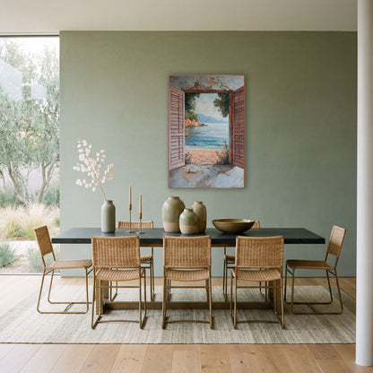 Rocky Cove Open Shutters Rustic wall art in a bright coastal-style room – open pink wooden shutters on a weathered