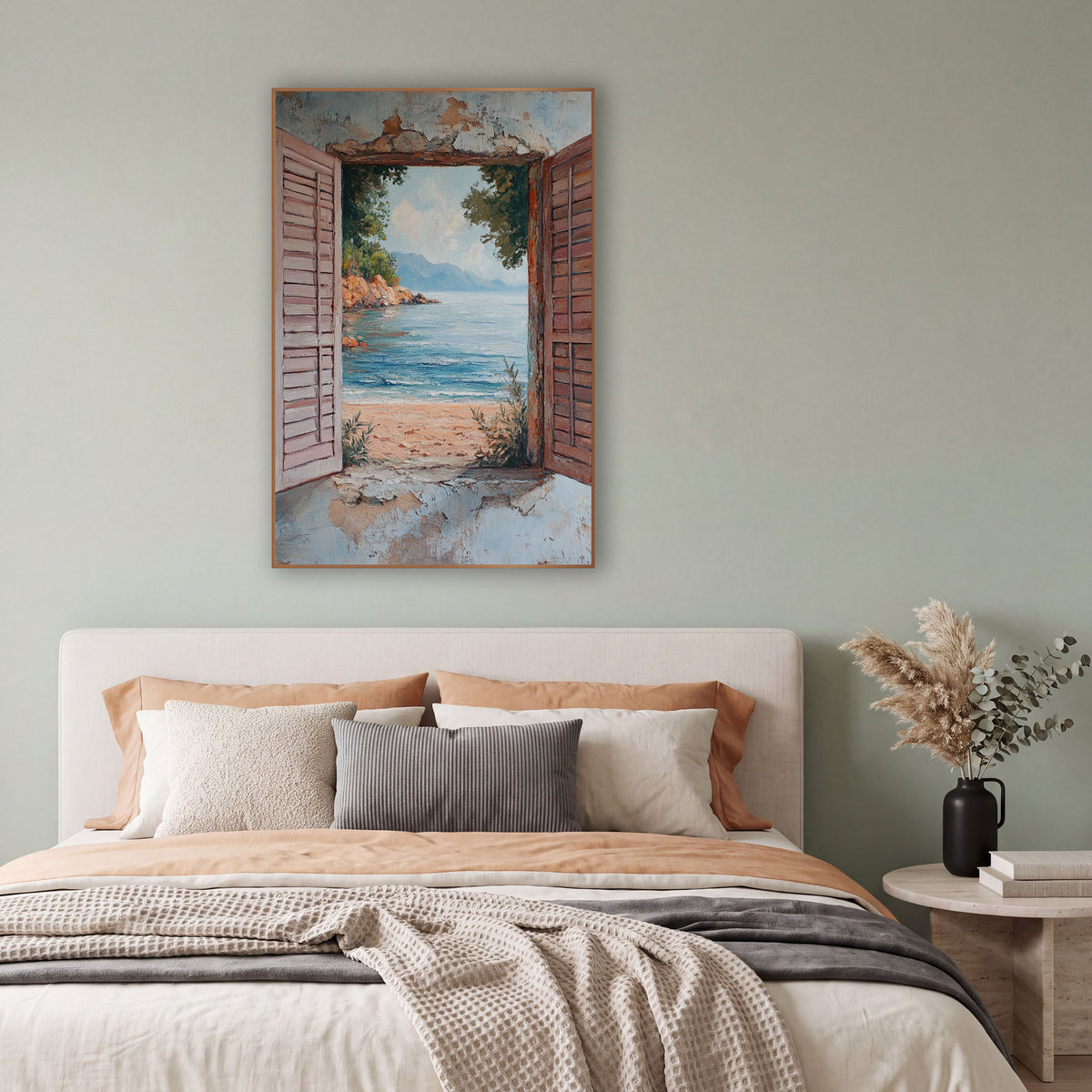Rocky Cove Open Shutters Rustic wall art in a bright coastal-style room – open pink wooden shutters on a weathered