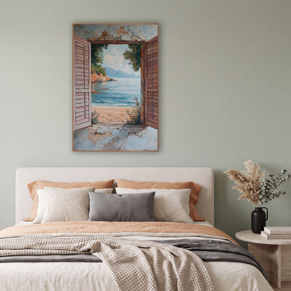 Rocky Cove Open Shutters Rustic wall art in a bright coastal-style room – open pink wooden shutters on a weathered