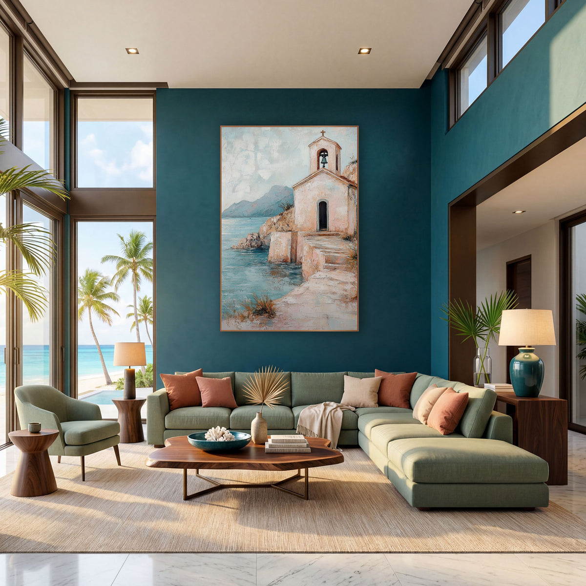 Blush Seaside Chapel Coastal Landscape wall art in a bright coastal-style room – small blush-pink seaside chapel