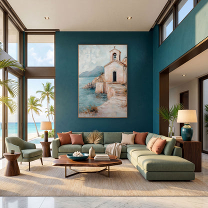 Blush Seaside Chapel Coastal Landscape wall art in a bright coastal-style room – small blush-pink seaside chapel
