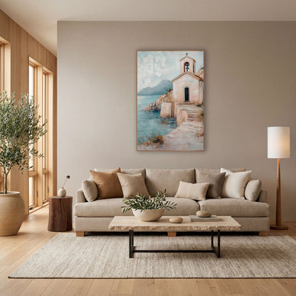 Blush Seaside Chapel Coastal Landscape wall art in a bright coastal-style room – small blush-pink seaside chapel