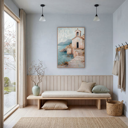 Blush Seaside Chapel Coastal Landscape wall art in a bright coastal-style room – small blush-pink seaside chapel