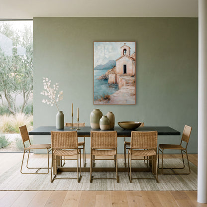 Blush Seaside Chapel Coastal Landscape wall art in a bright coastal-style room – small blush-pink seaside chapel