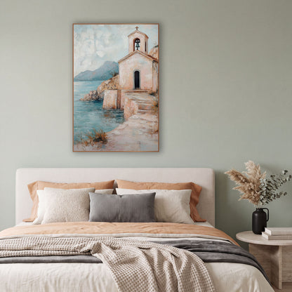 Blush Seaside Chapel Coastal Landscape wall art in a bright coastal-style room – small blush-pink seaside chapel