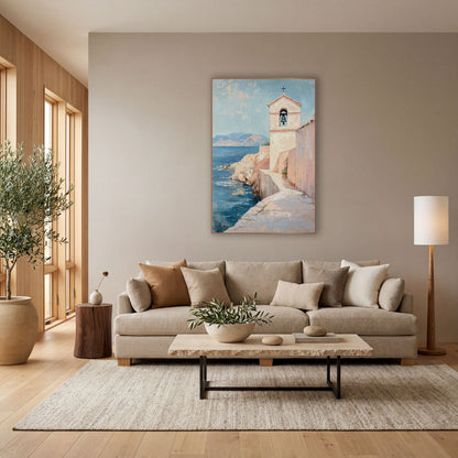 Pink Seaside Chapel Bell Tower Coastal wall art in a bright coastal-style room – small white chapel bell tower