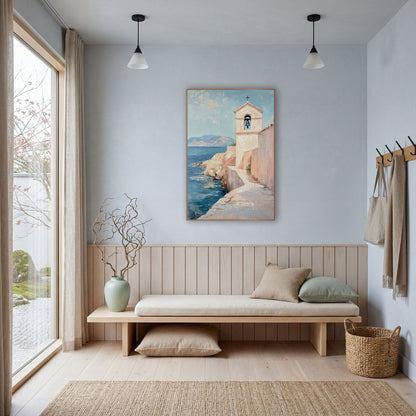 Pink Seaside Chapel Bell Tower Coastal wall art in a bright coastal-style room – small white chapel bell tower