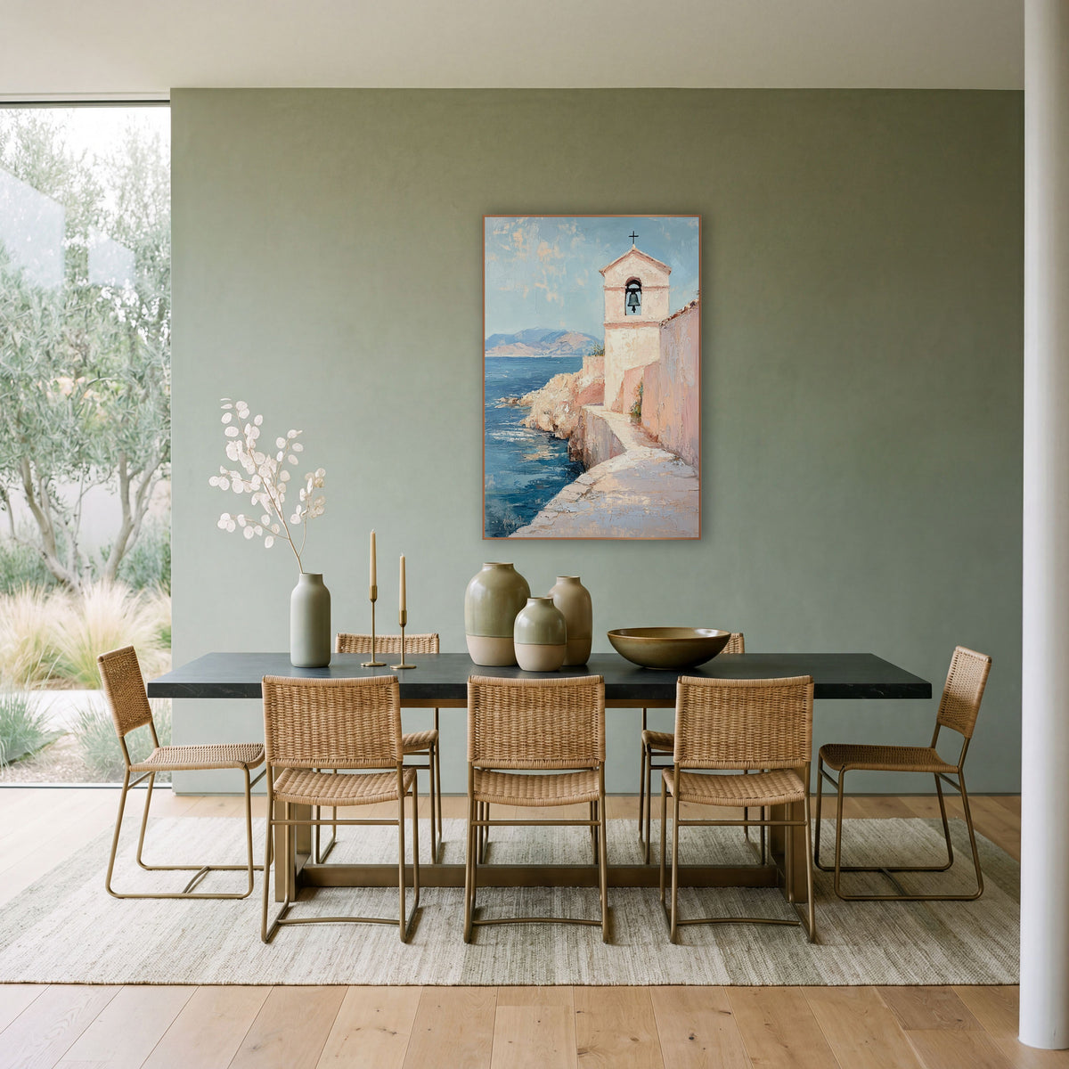 Pink Seaside Chapel Bell Tower Coastal wall art in a bright coastal-style room – small white chapel bell tower