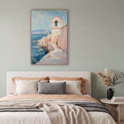Pink Seaside Chapel Bell Tower Coastal wall art in a bright coastal-style room – small white chapel bell tower
