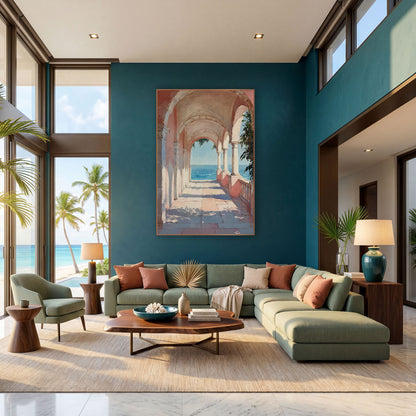 Pink Arched Colonnade Sea View Coastal wall art in a bright coastal-style room – pink arched stone walkway with slim