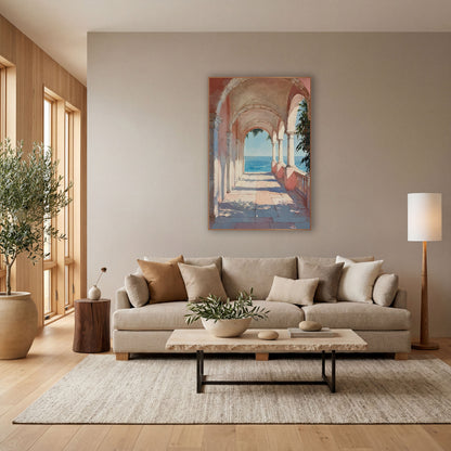 Pink Arched Colonnade Sea View Coastal wall art in a bright coastal-style room – pink arched stone walkway with slim