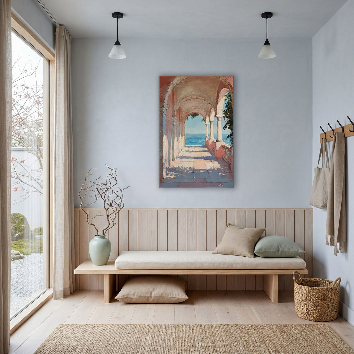 Pink Arched Colonnade Sea View Coastal wall art in a bright coastal-style room – pink arched stone walkway with slim