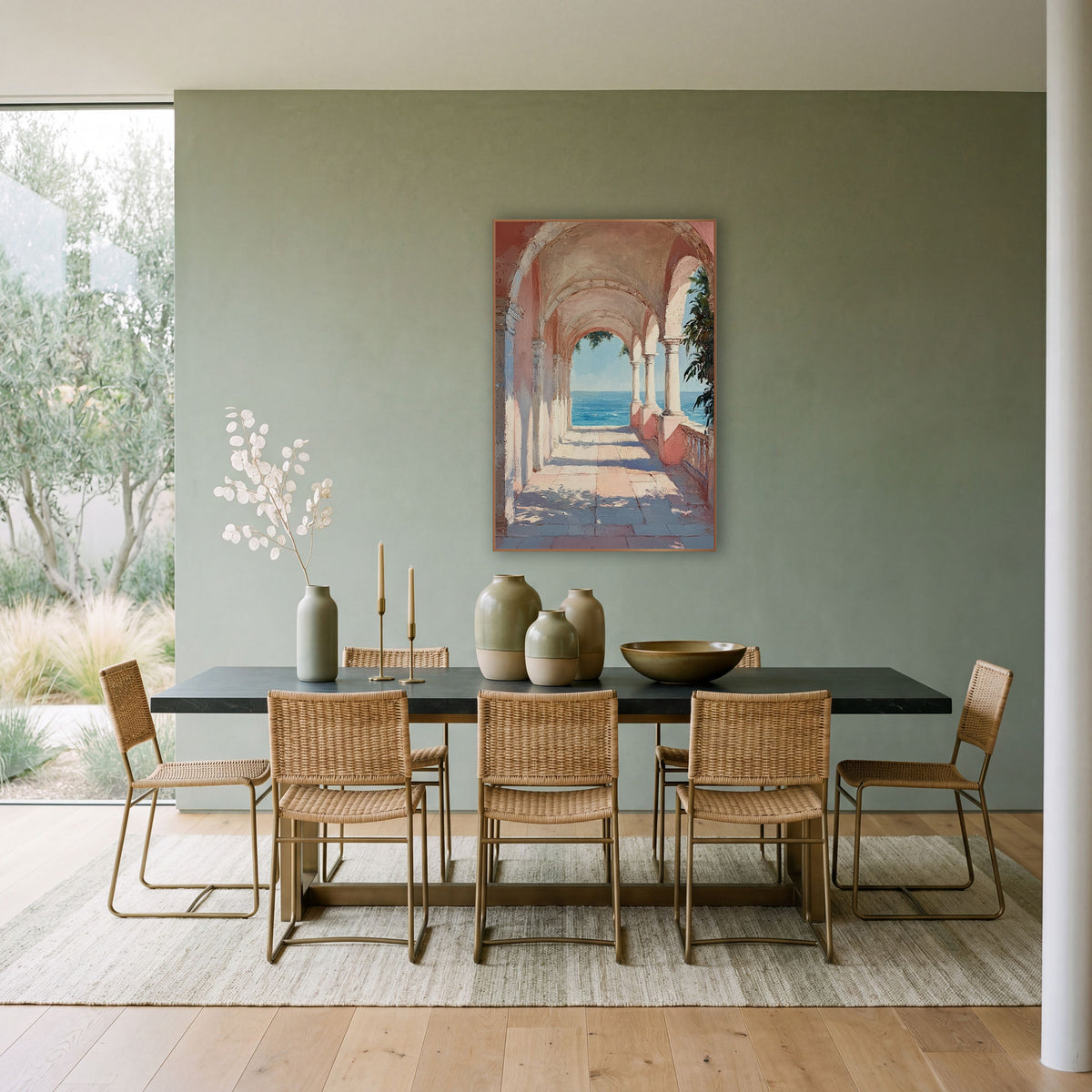 Pink Arched Colonnade Sea View Coastal wall art in a bright coastal-style room – pink arched stone walkway with slim