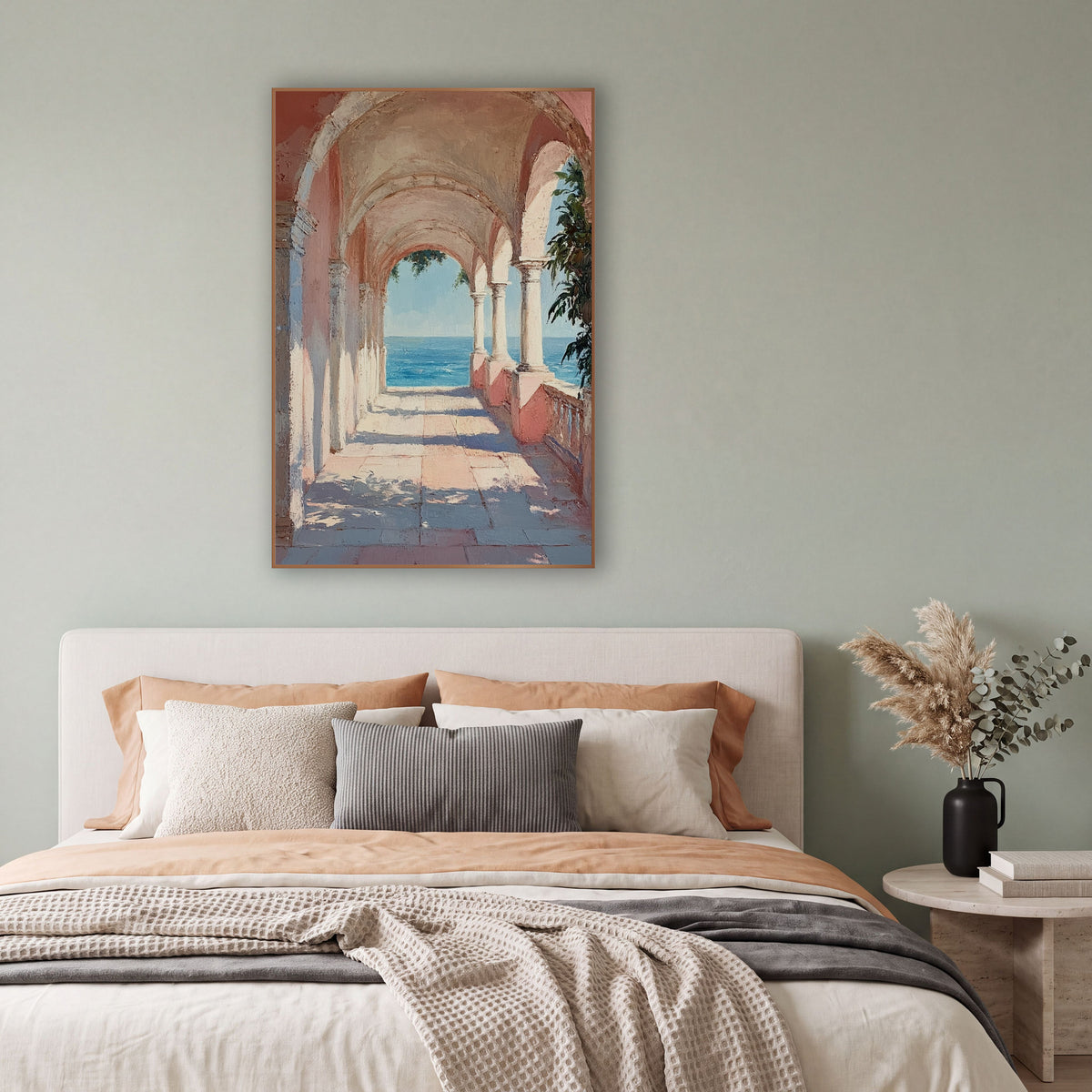 Pink Arched Colonnade Sea View Coastal wall art in a bright coastal-style room – pink arched stone walkway with slim