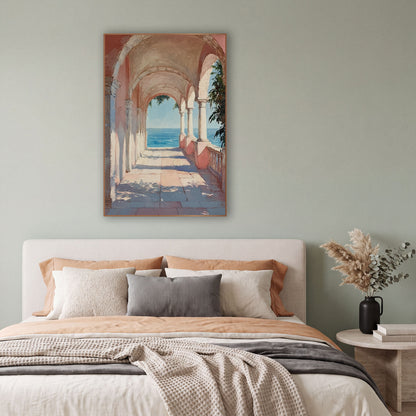 Pink Arched Colonnade Sea View Coastal wall art in a bright coastal-style room – pink arched stone walkway with slim