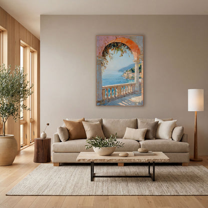 Coastal Arch Terrace Seascape wall art in a bright coastal-style room – coral stone arch and balustrade framing a calm