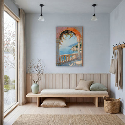 Coastal Arch Terrace Seascape wall art in a bright coastal-style room – coral stone arch and balustrade framing a calm
