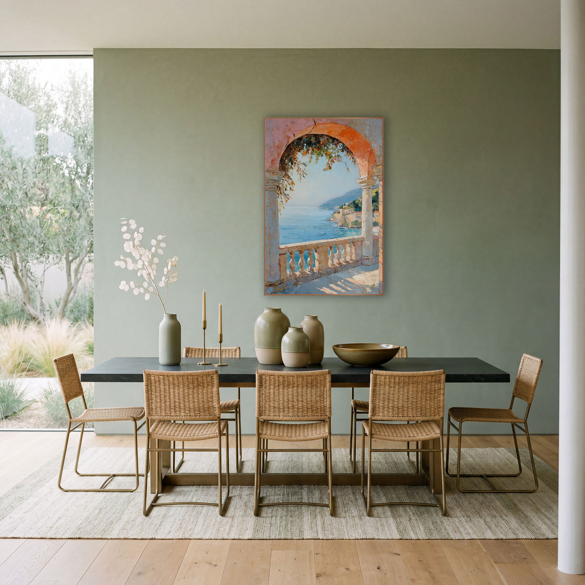 Coastal Arch Terrace Seascape wall art in a bright coastal-style room – coral stone arch and balustrade framing a calm