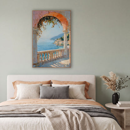 Coastal Arch Terrace Seascape wall art in a bright coastal-style room – coral stone arch and balustrade framing a calm