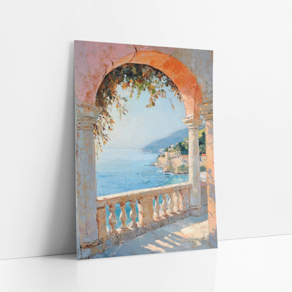 Coastal Arch Terrace Seascape art print leaning against a white wall – coral stone arch and balustrade framing a calm blue