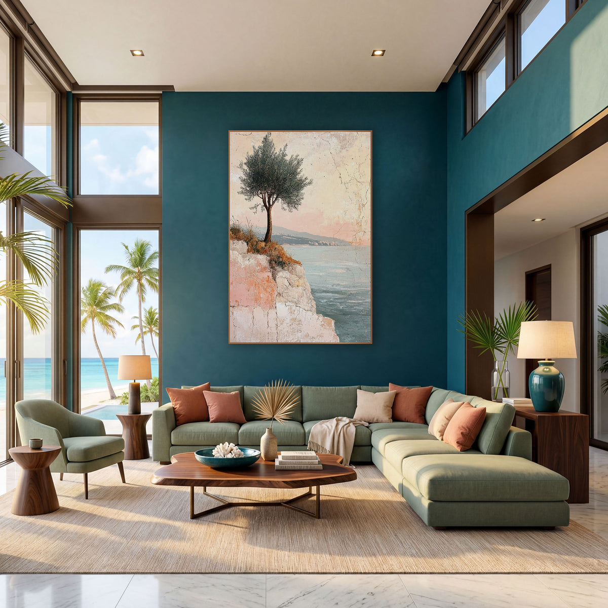 Lone Tree Coastal Fresco wall art in a bright coastal-style room – lone tree with silvery-green leaves on a pale cliff