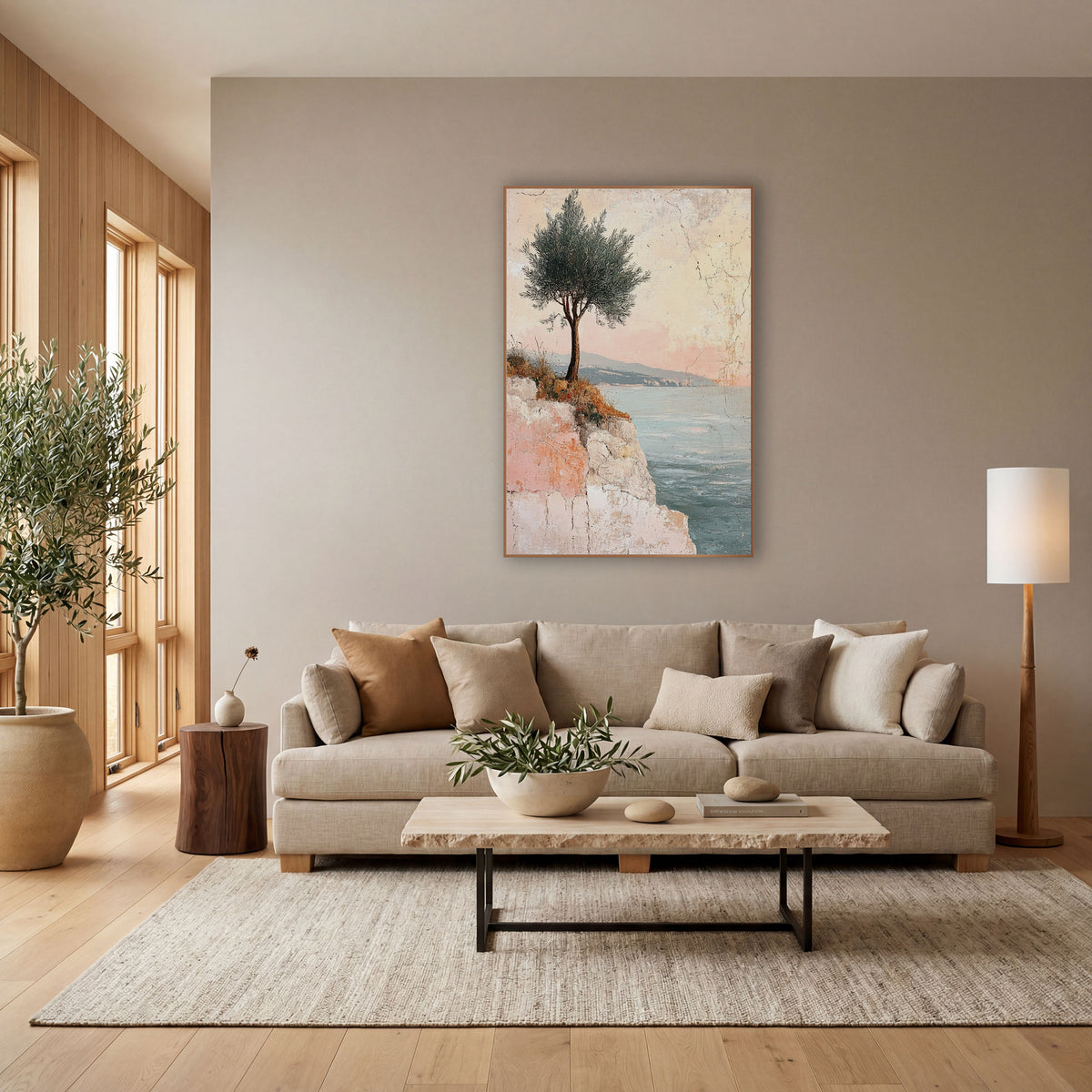 Lone Tree Coastal Fresco wall art in a bright coastal-style room – lone tree with silvery-green leaves on a pale cliff
