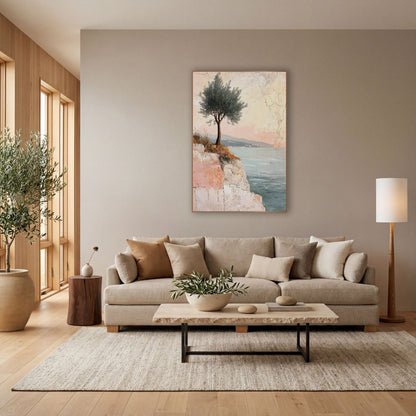 Lone Tree Coastal Fresco wall art in a bright coastal-style room – lone tree with silvery-green leaves on a pale cliff