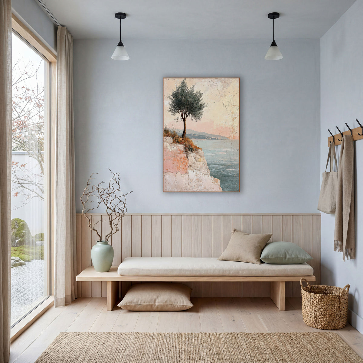 Lone Tree Coastal Fresco wall art in a bright coastal-style room – lone tree with silvery-green leaves on a pale cliff