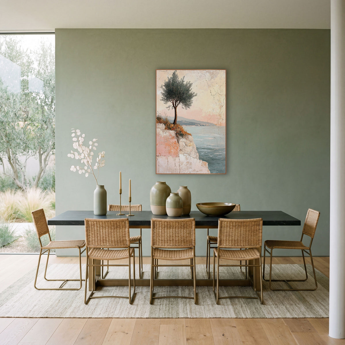 Lone Tree Coastal Fresco wall art in a bright coastal-style room – lone tree with silvery-green leaves on a pale cliff