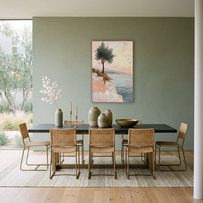 Lone Tree Coastal Fresco wall art in a bright coastal-style room – lone tree with silvery-green leaves on a pale cliff
