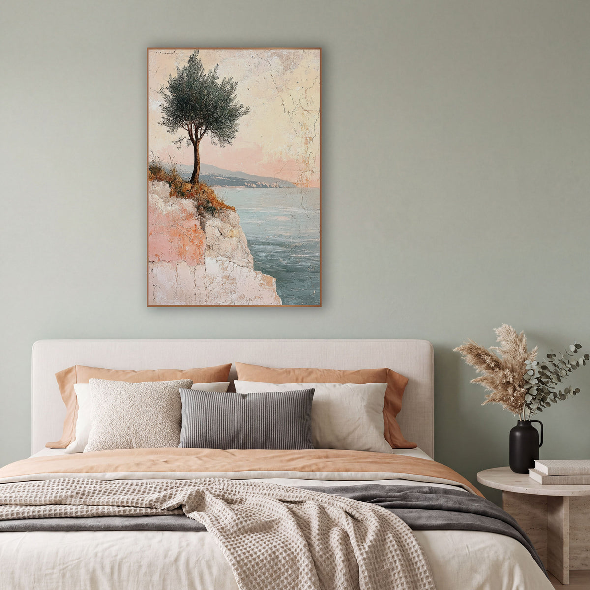 Lone Tree Coastal Fresco wall art in a bright coastal-style room – lone tree with silvery-green leaves on a pale cliff