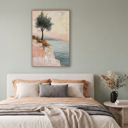 Lone Tree Coastal Fresco wall art in a bright coastal-style room – lone tree with silvery-green leaves on a pale cliff