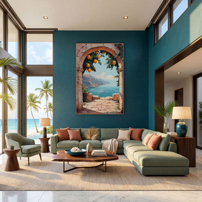 Lemon Archway Coastal Seaside View wall art in a bright coastal-style room – pink stone archway with hanging lemons