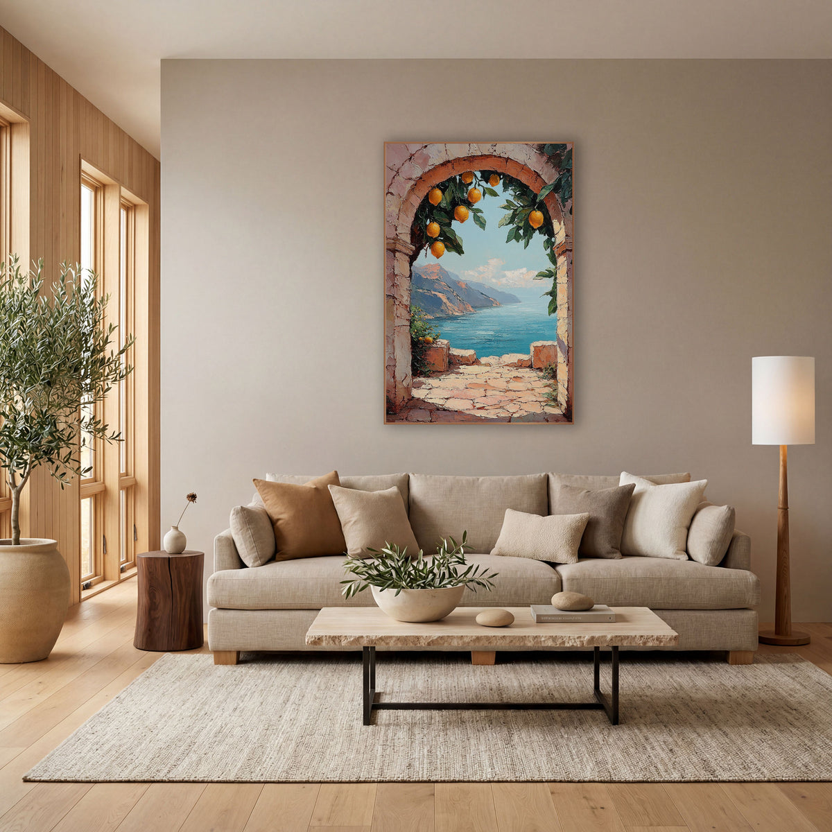 Lemon Archway Coastal Seaside View wall art in a bright coastal-style room – pink stone archway with hanging lemons