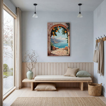 Lemon Archway Coastal Seaside View wall art in a bright coastal-style room – pink stone archway with hanging lemons