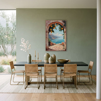 Lemon Archway Coastal Seaside View wall art in a bright coastal-style room – pink stone archway with hanging lemons