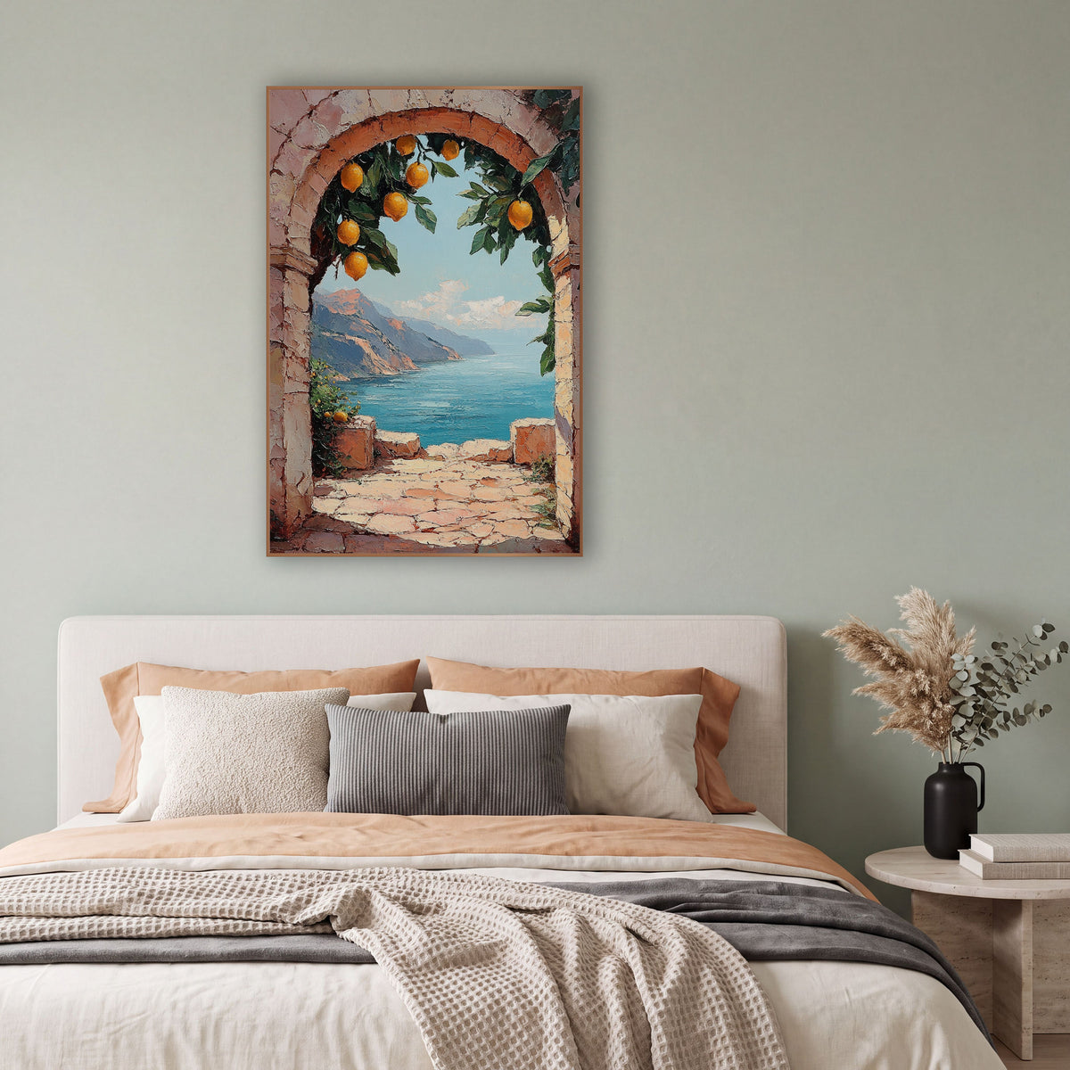 Lemon Archway Coastal Seaside View wall art in a bright coastal-style room – pink stone archway with hanging lemons