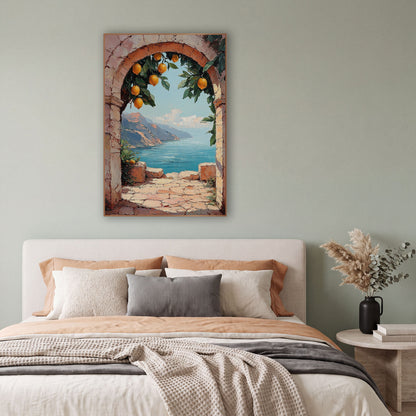 Lemon Archway Coastal Seaside View wall art in a bright coastal-style room – pink stone archway with hanging lemons