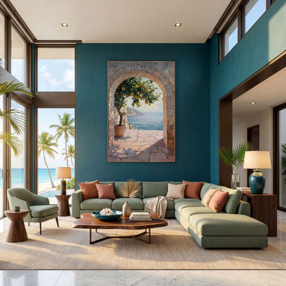 Sunlit Lemon Tree Archway Coastal wall art in a bright coastal-style room – potted lemon tree with ripe lemons inside