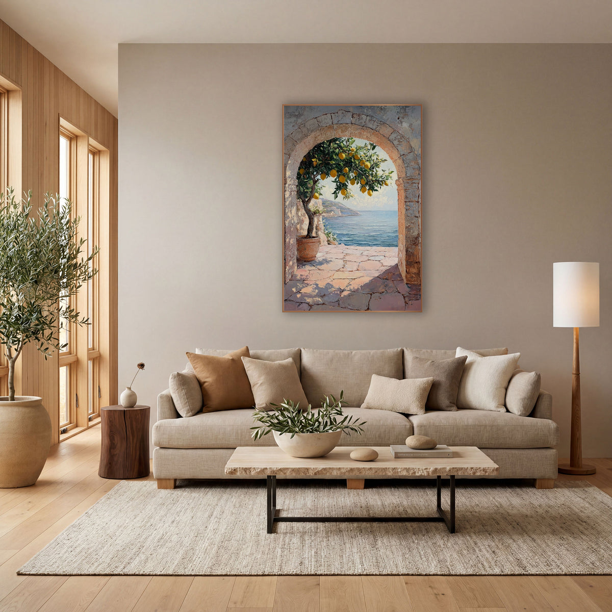 Sunlit Lemon Tree Archway Coastal wall art in a bright coastal-style room – potted lemon tree with ripe lemons inside