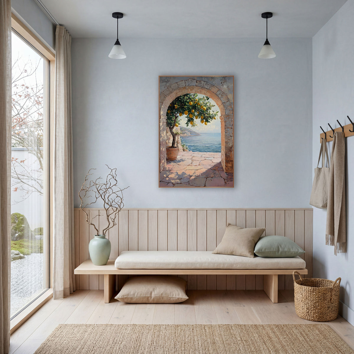 Sunlit Lemon Tree Archway Coastal wall art in a bright coastal-style room – potted lemon tree with ripe lemons inside