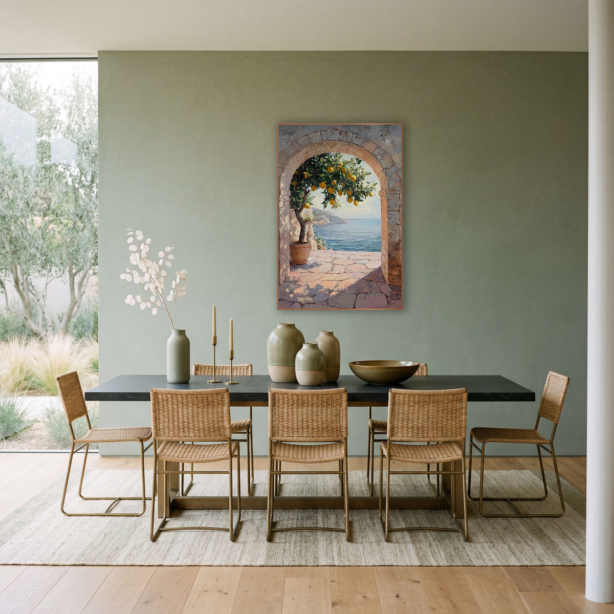 Sunlit Lemon Tree Archway Coastal wall art in a bright coastal-style room – potted lemon tree with ripe lemons inside