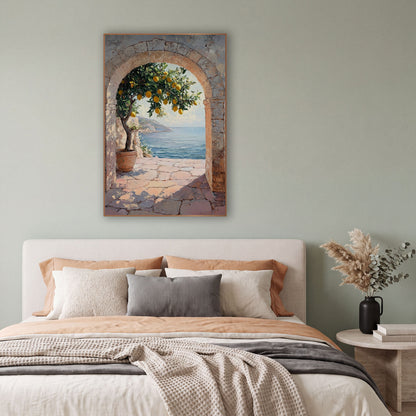 Sunlit Lemon Tree Archway Coastal wall art in a bright coastal-style room – potted lemon tree with ripe lemons inside