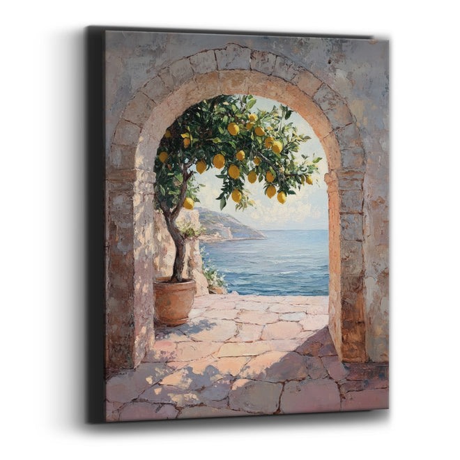 Sunlit Lemon Tree Archway Coastal Canvas Wall Art