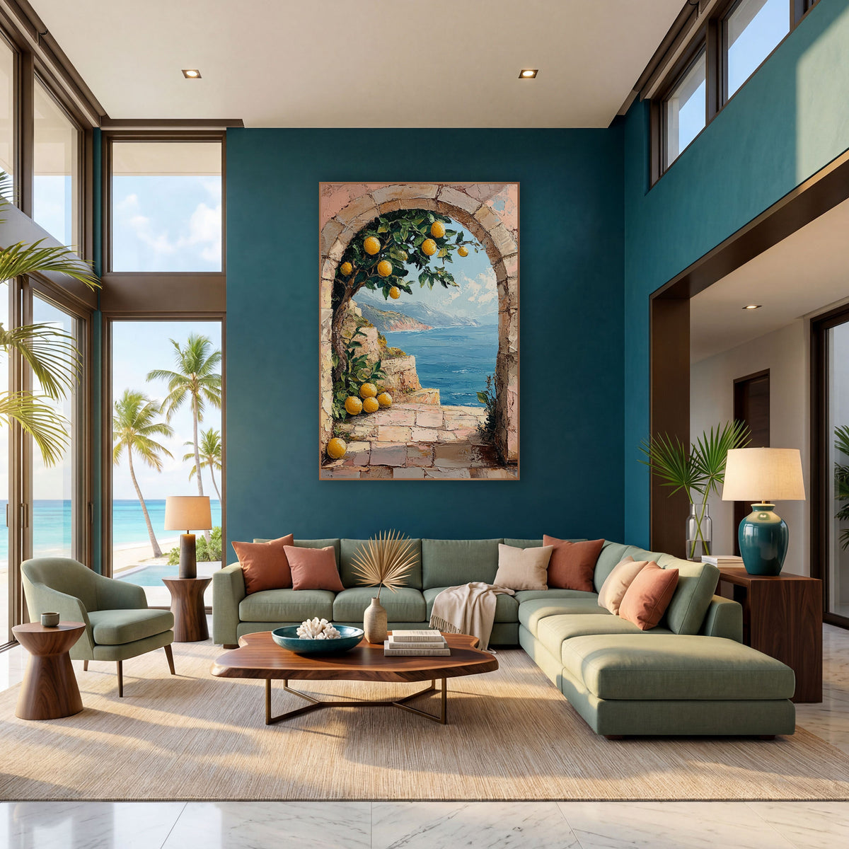 Lemon Arch Terrace Coastal Boho wall art in a bright coastal-style room – lemon tree with ripe yellow lemons