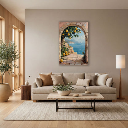 Lemon Arch Terrace Coastal Boho wall art in a bright coastal-style room – lemon tree with ripe yellow lemons