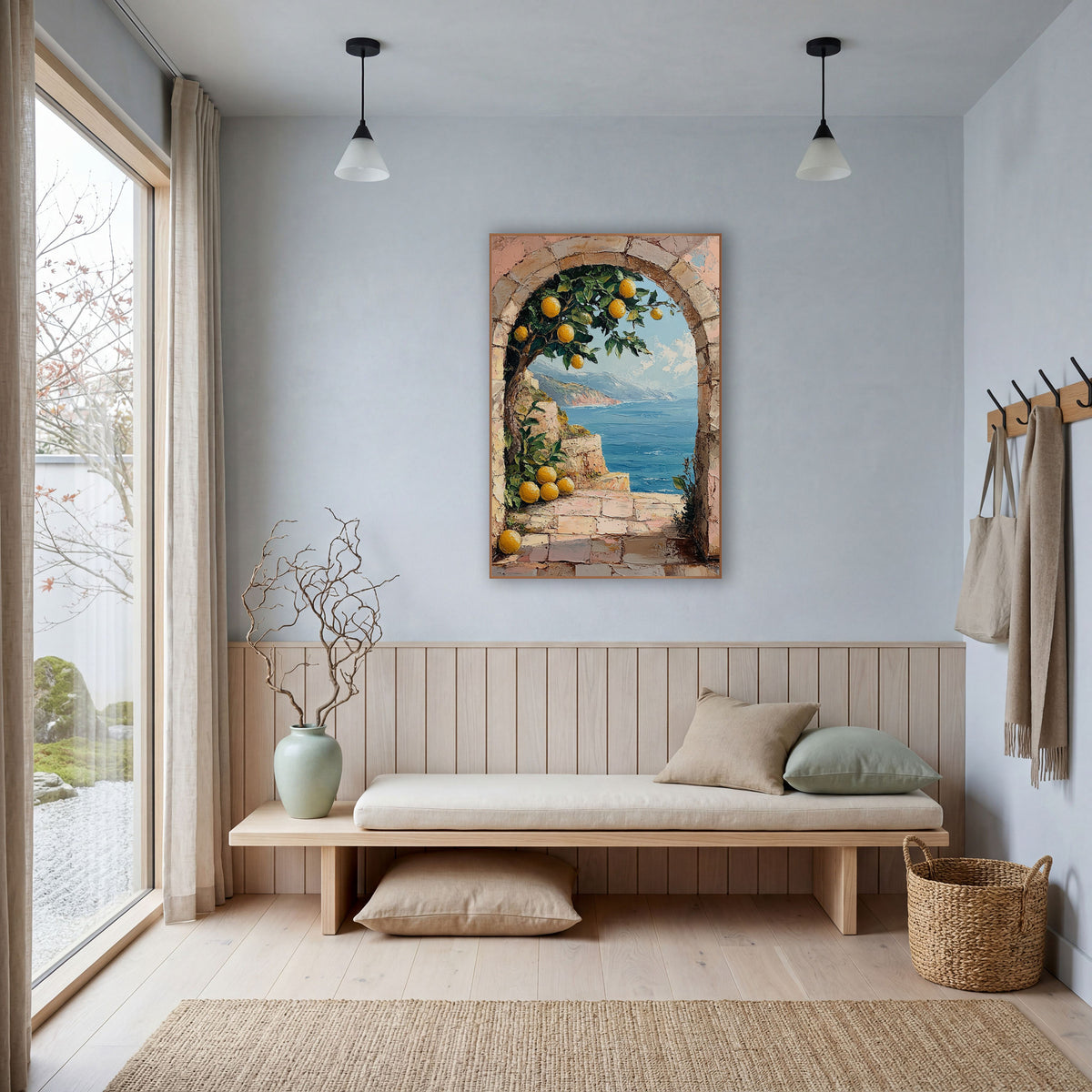 Lemon Arch Terrace Coastal Boho wall art in a bright coastal-style room – lemon tree with ripe yellow lemons