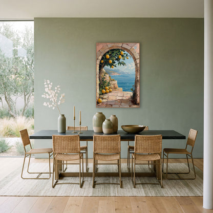 Lemon Arch Terrace Coastal Boho wall art in a bright coastal-style room – lemon tree with ripe yellow lemons