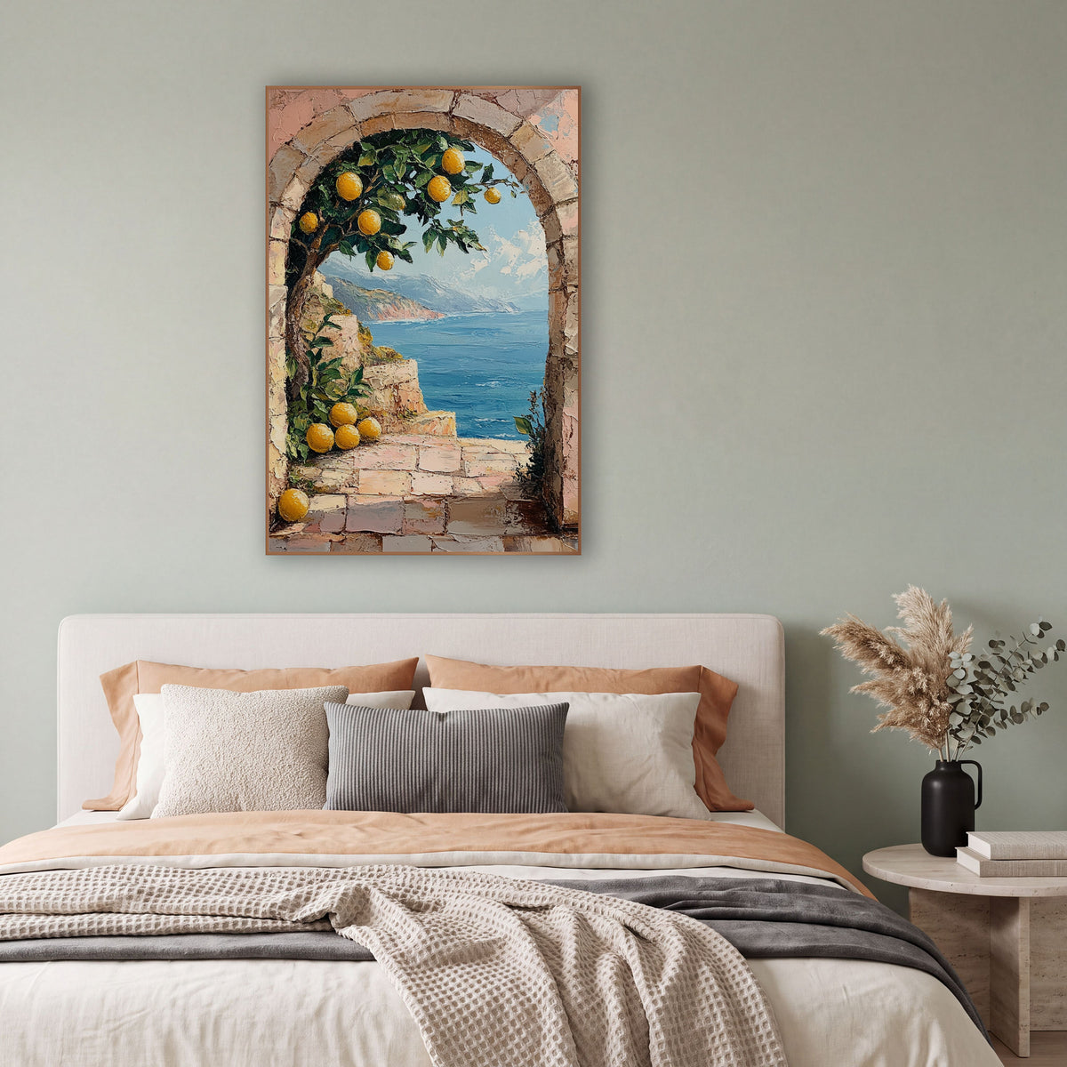 Lemon Arch Terrace Coastal Boho wall art in a bright coastal-style room – lemon tree with ripe yellow lemons