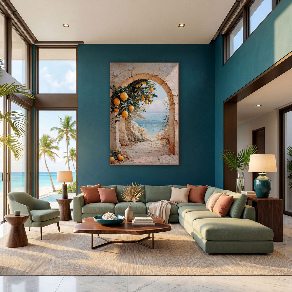 Citrus Archway Sea View Mediterranean wall art in a bright coastal-style room – stone archway with orange citrus